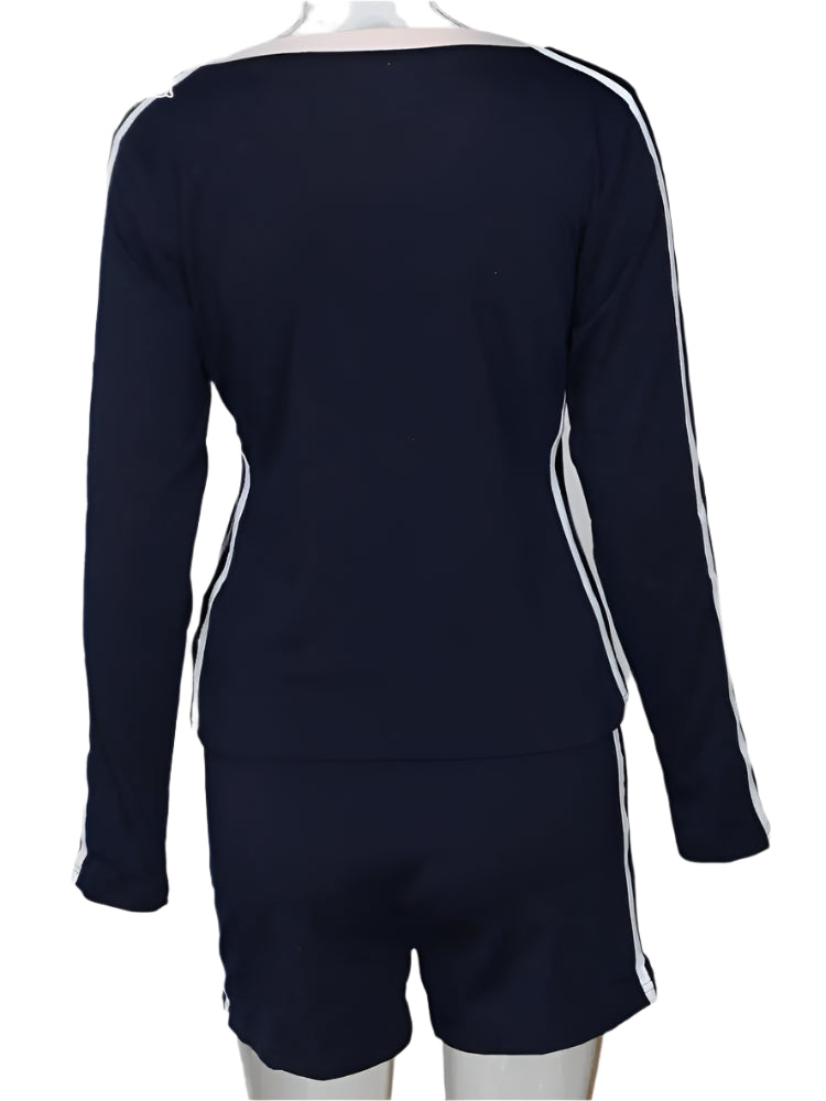 Women's Casual Long Sleeve Crop Top and Shorts Tracksuit Set