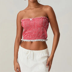 Women's Grunge Smocked Tube Top with Bow Lace Trim and Backless Design