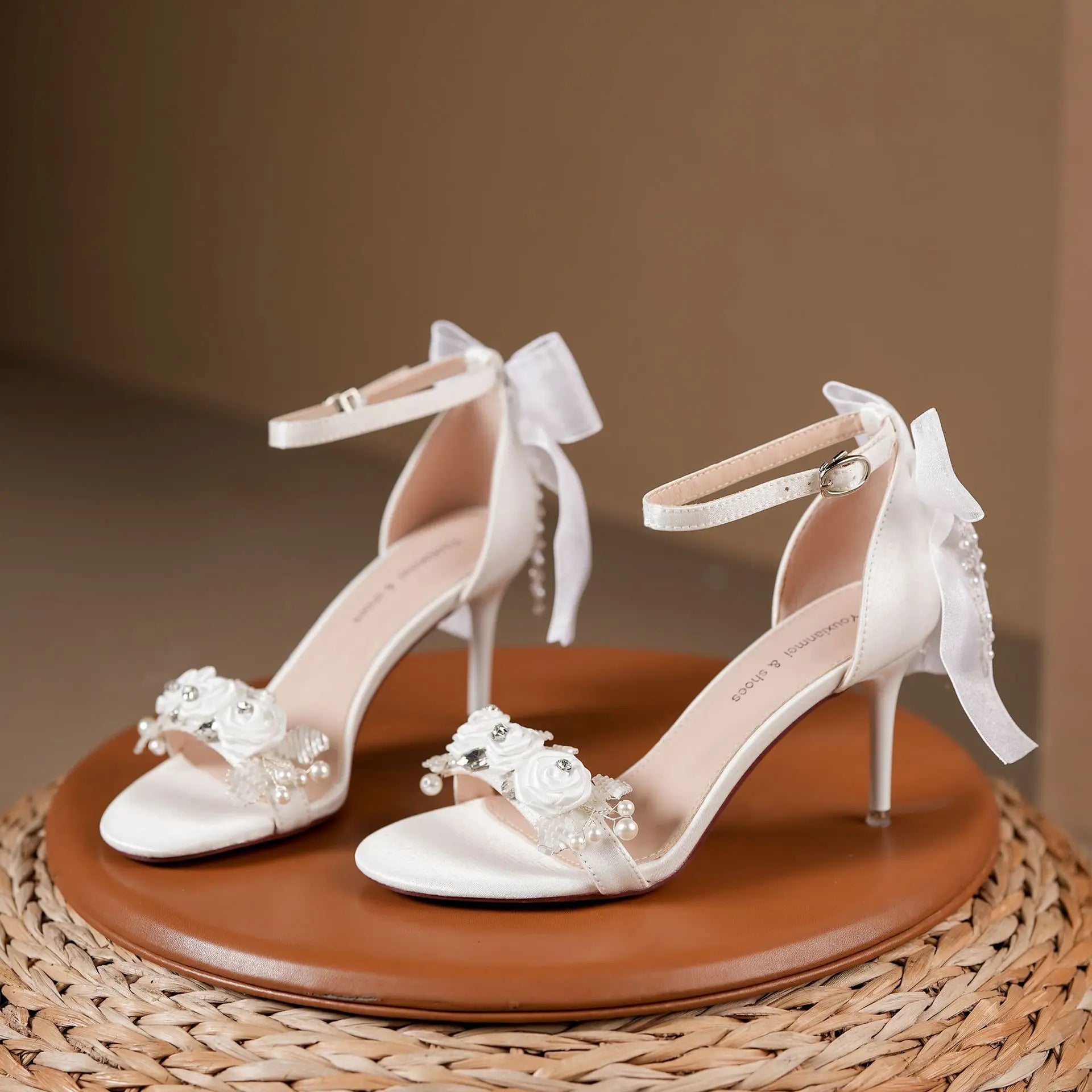 Women’s White Satin Stiletto High Heel Sandals with Rhinestone Bow