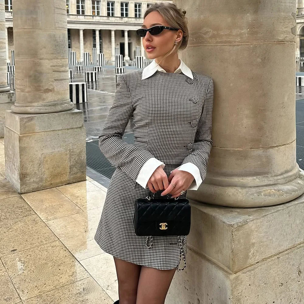 Houndstooth Mini Dress with White Collar and Cuffs