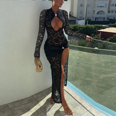 Elegant black lace evening gown with daring slit and hollow pleats