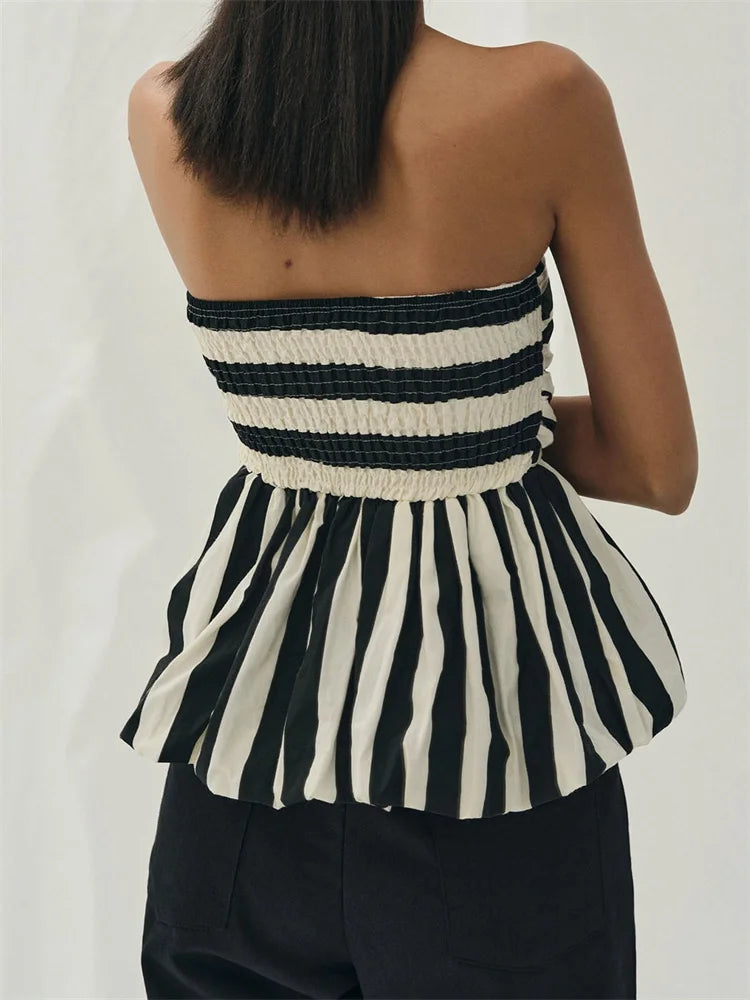 Women's Striped Print Strapless Ruched Backless Cropped Top