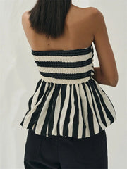 Women's Striped Print Strapless Ruched Backless Cropped Top