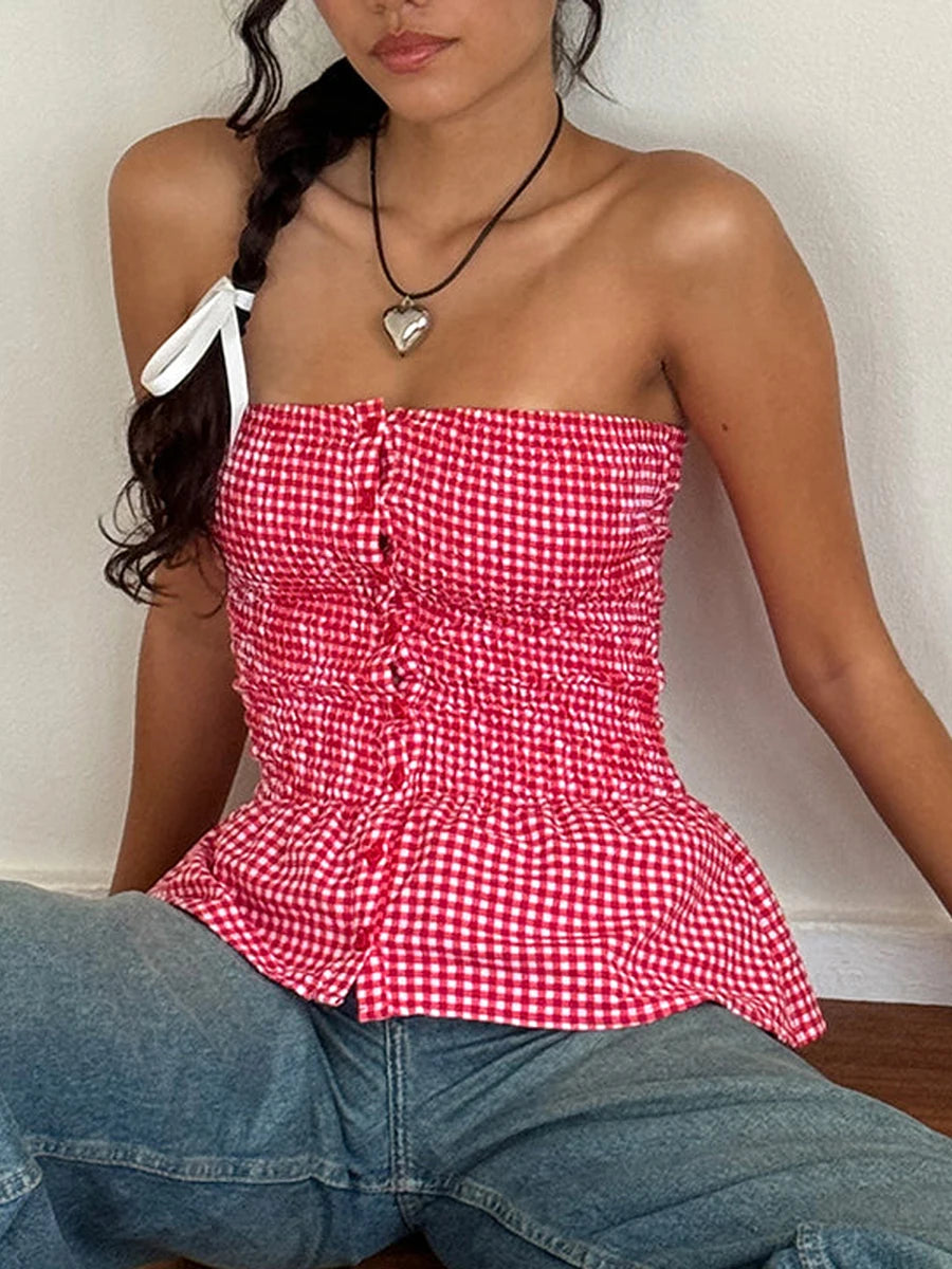 Women's Red Gingham Crop Top with Ruffle Hem and Button Detail