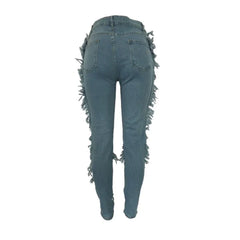 Jean slim taille haute en denim avec pompons et épissures latérales pour femme 