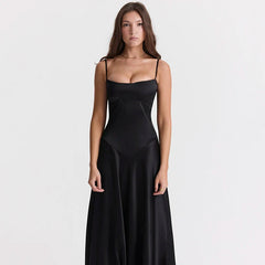 Black Satin Maxi Slipdress with Spaghetti Straps