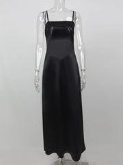 Black Satin Maxi Slipdress with Spaghetti Straps