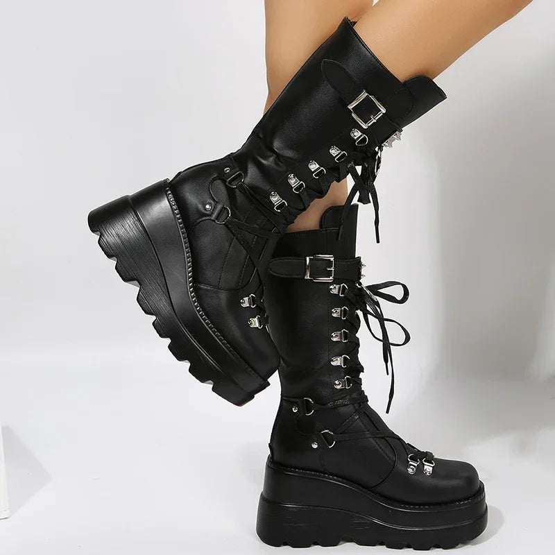 Women's Black Goth Platform Motorcycle Combat Boots with Rivets