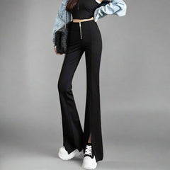 Black All-Match Patchwork Zipper Trousers for Women High Waist Slim Pants