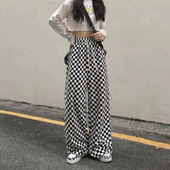 Women's Black White Plaid Elastic Waist Summer Casual Pants