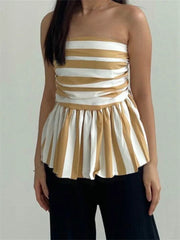 Women's Striped Print Strapless Ruched Backless Cropped Top