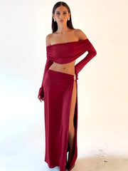 Off-Shoulder Long Sleeve Crop Top and Maxi Skirt Set