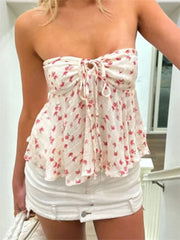 Haut bustier à volants et épaules dénudées à imprimé floral pour femme