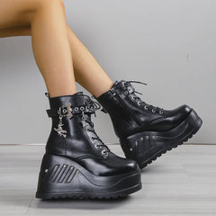 Women's Black Punk Goth Platform Wedge Boots Casual Heels