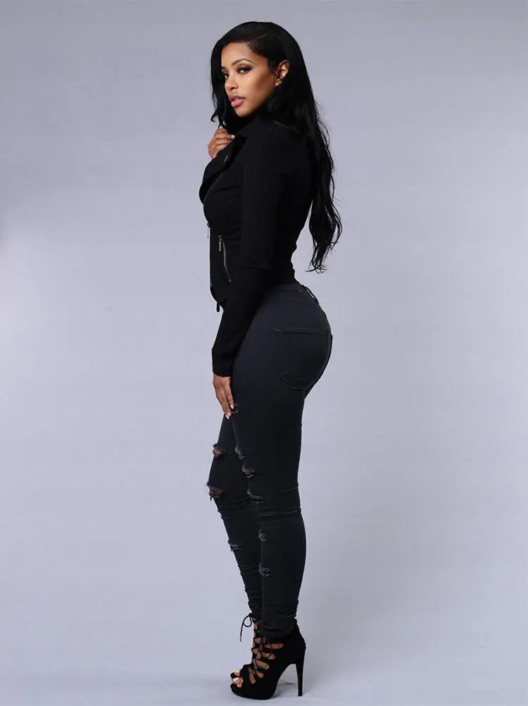 New Spring Summer Black and White Ripped Skinny Denim Pants