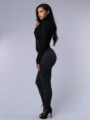 New Spring Summer Black and White Ripped Skinny Denim Pants