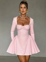 Women's Pink Square Collar Bowknot Slim Fit A-line Party Dress