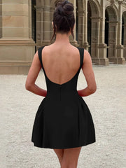 Women's Red Backless A-line Sleeveless Party Dress with High Waist