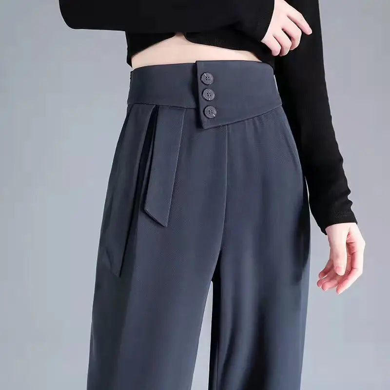 Office Lady Solid Color Loose High Waist Wide Leg Trousers