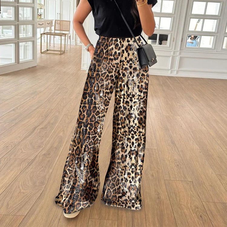 Women's High-Waisted Sequin Wide-Leg Leopard Print Pants