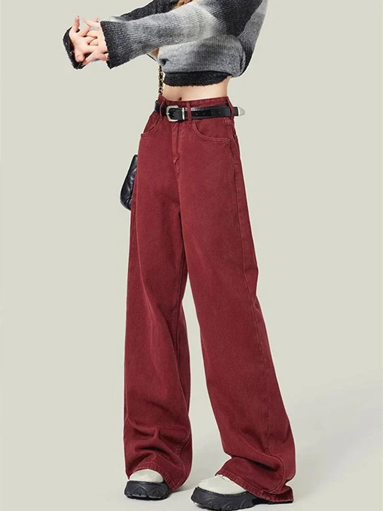 Women's High Waist Loose Straight Red Wide Leg Jeans