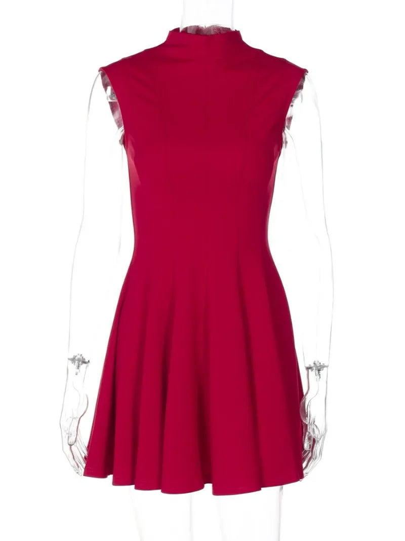 Women's Elegant High Waist Red Black Pleated Sleeveless Dress
