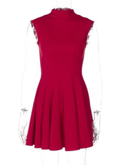 Women's Elegant High Waist Red Black Pleated Sleeveless Dress