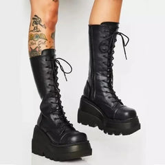 Fashion Wedge-Heeled Mid-Tube Boots for Ladies in Gothic Style