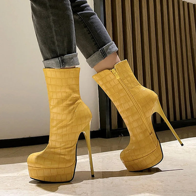 Bottes à plateforme pour femmes avec imprimé serpent vert et talons de 15 cm 