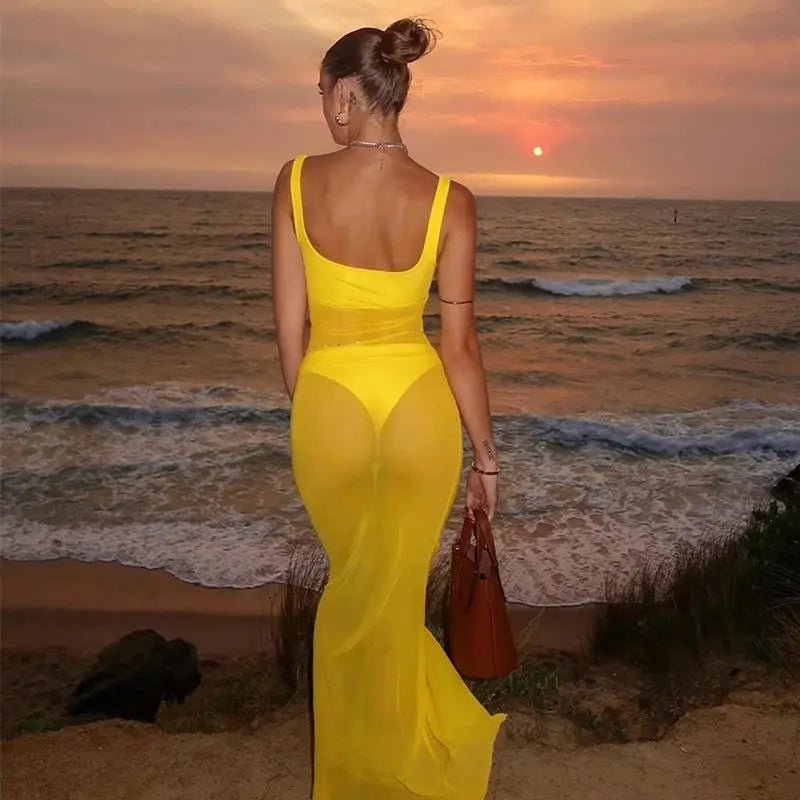 Backless Mesh Maxi Dress Perfect for Beach Holidays