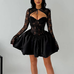 Elegant Black Lace Dress with Satin Skirt