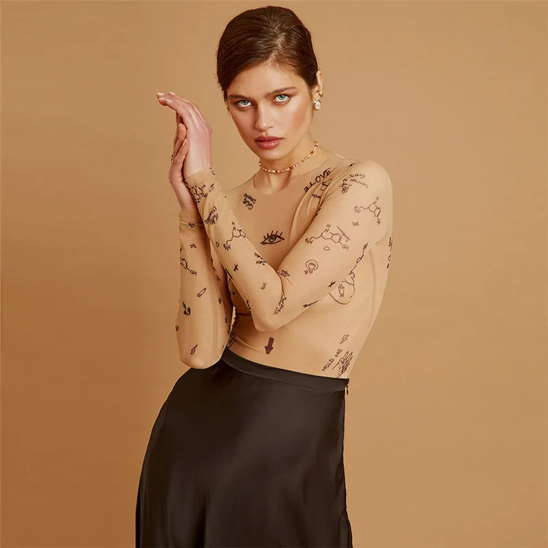 Body en maille à imprimé tatouage nude pour femme – Haut transparent