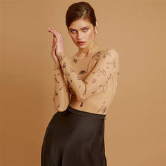 Body en maille à imprimé tatouage nude pour femme – Haut transparent