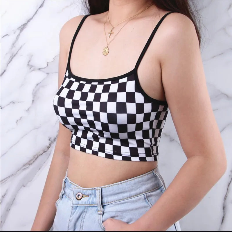 Black Red Plaid Checkerboard Halter Crop Top for Women