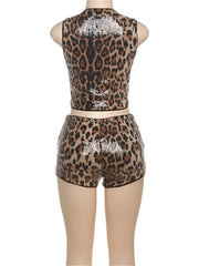 Leopard Print Sequins 2 Piece Set with Crop Tank and Shorts