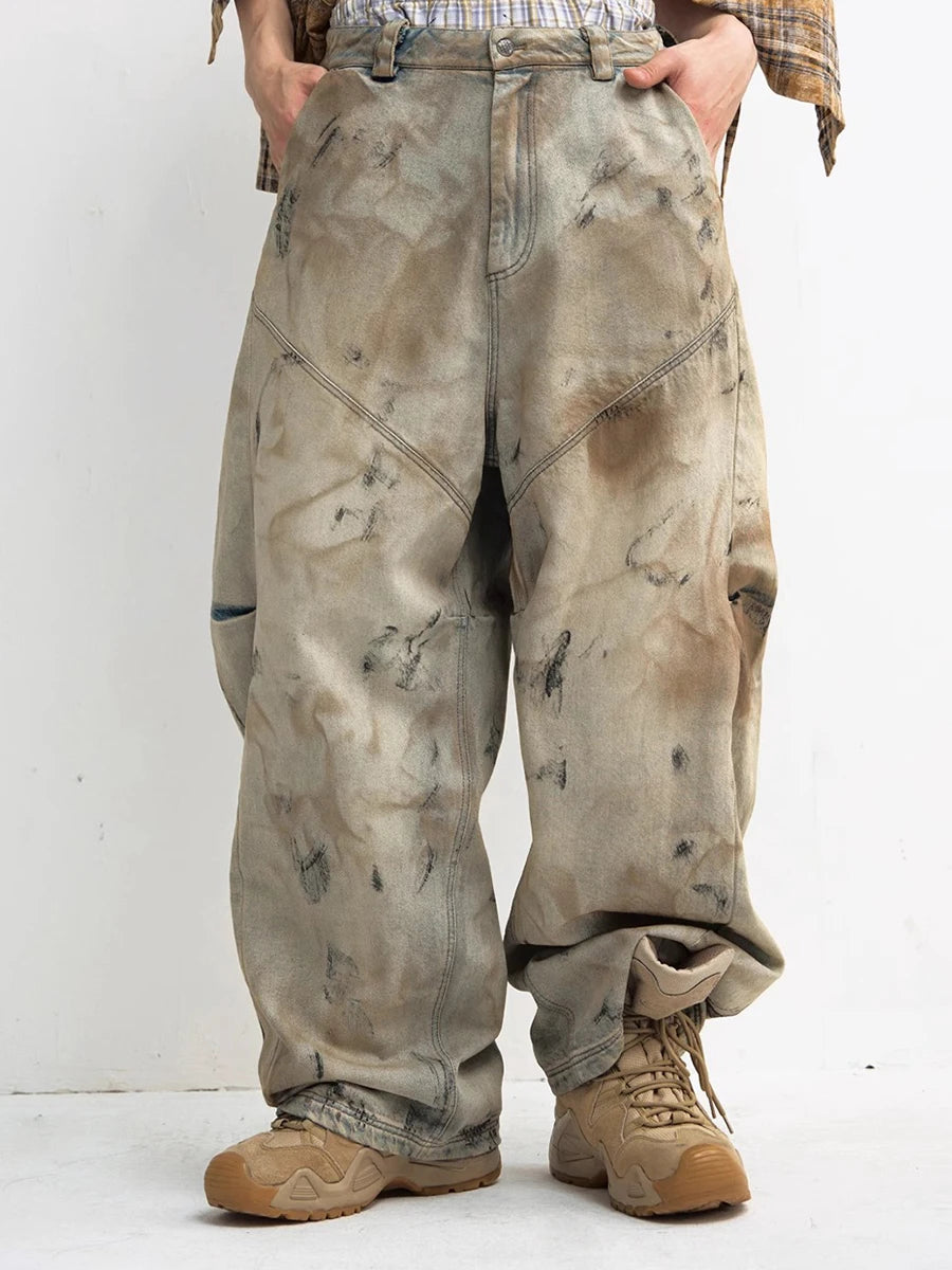 Unisex Rusty Dirty-Wash Baggy Balloon Jeans – Vintage Wide-Leg Denim