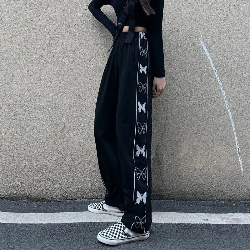 Butterfly Print Black Loose High Waist Wide Leg Trousers