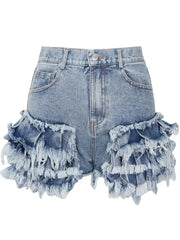 Short en jean taille haute à franges et patchwork uni pour femme 