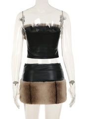 Women's Black Faux Fur Leather Two-Piece Corset and Skirt Set