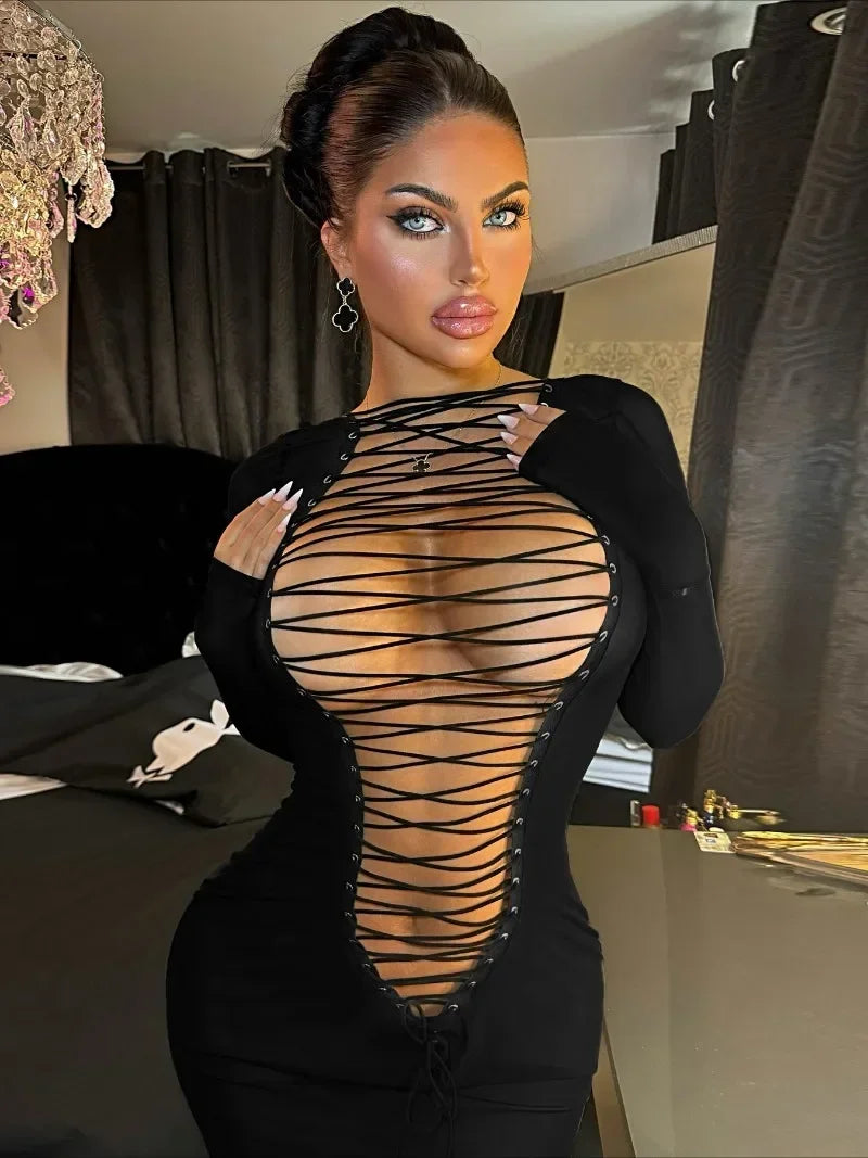 Hollow Out Bandage Mini Dress with Long Sleeves for Night Out