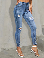 Jean skinny bleu déchiré pour femme, coupe slim, très extensible