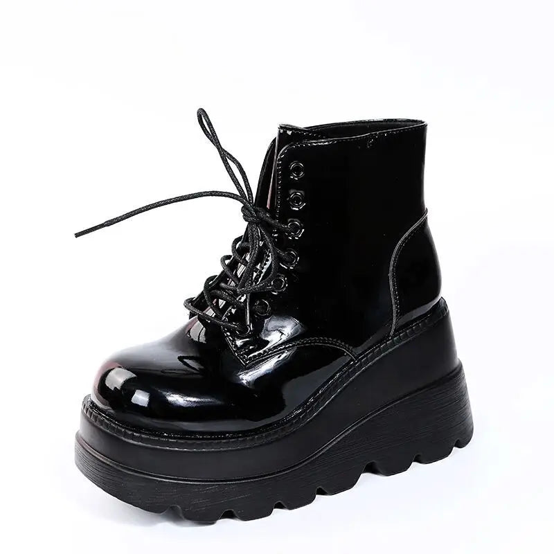 Women's High Top Black Lace Up Thick Sole Ankle Boots