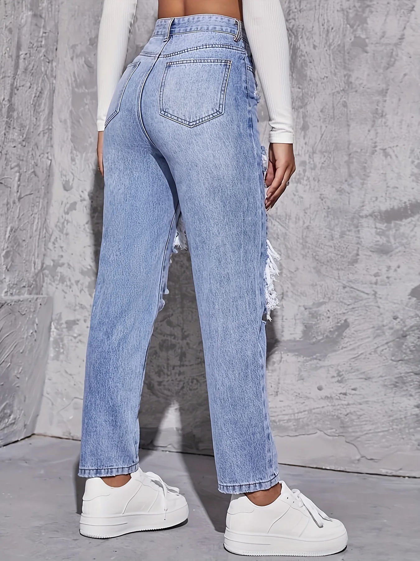 Jean slim ample taille haute à trous style rétro américain pour femme 