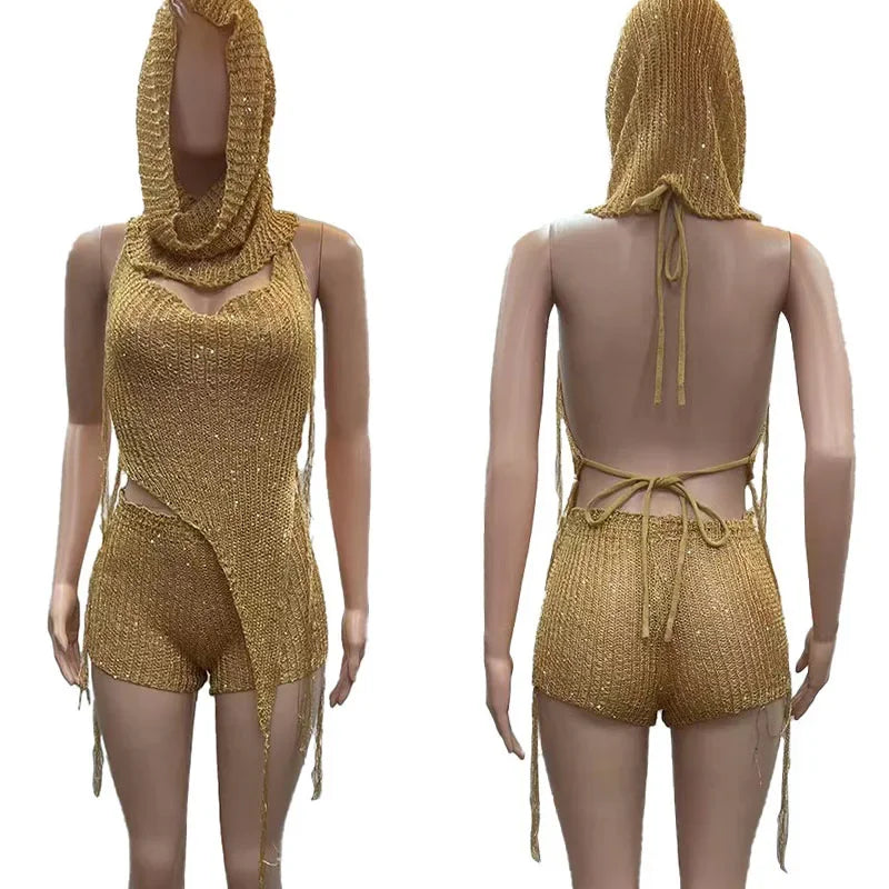 Gold Knitted Glitter Two Piece Set with Hooded Backless Top and Shorts