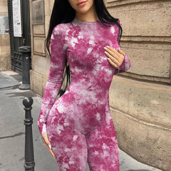 Combinaison côtelée tie-dye d'automne pour femme avec un design sportif à col rond 