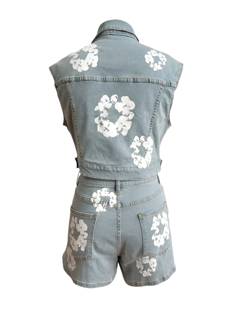 Floral Printed Sleeveless Crop Top and Shorts Denim Set for Women