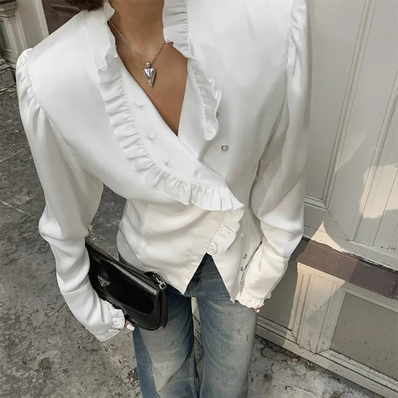 Women's White Summer Ruffled Long Sleeve Cardigan Blouse