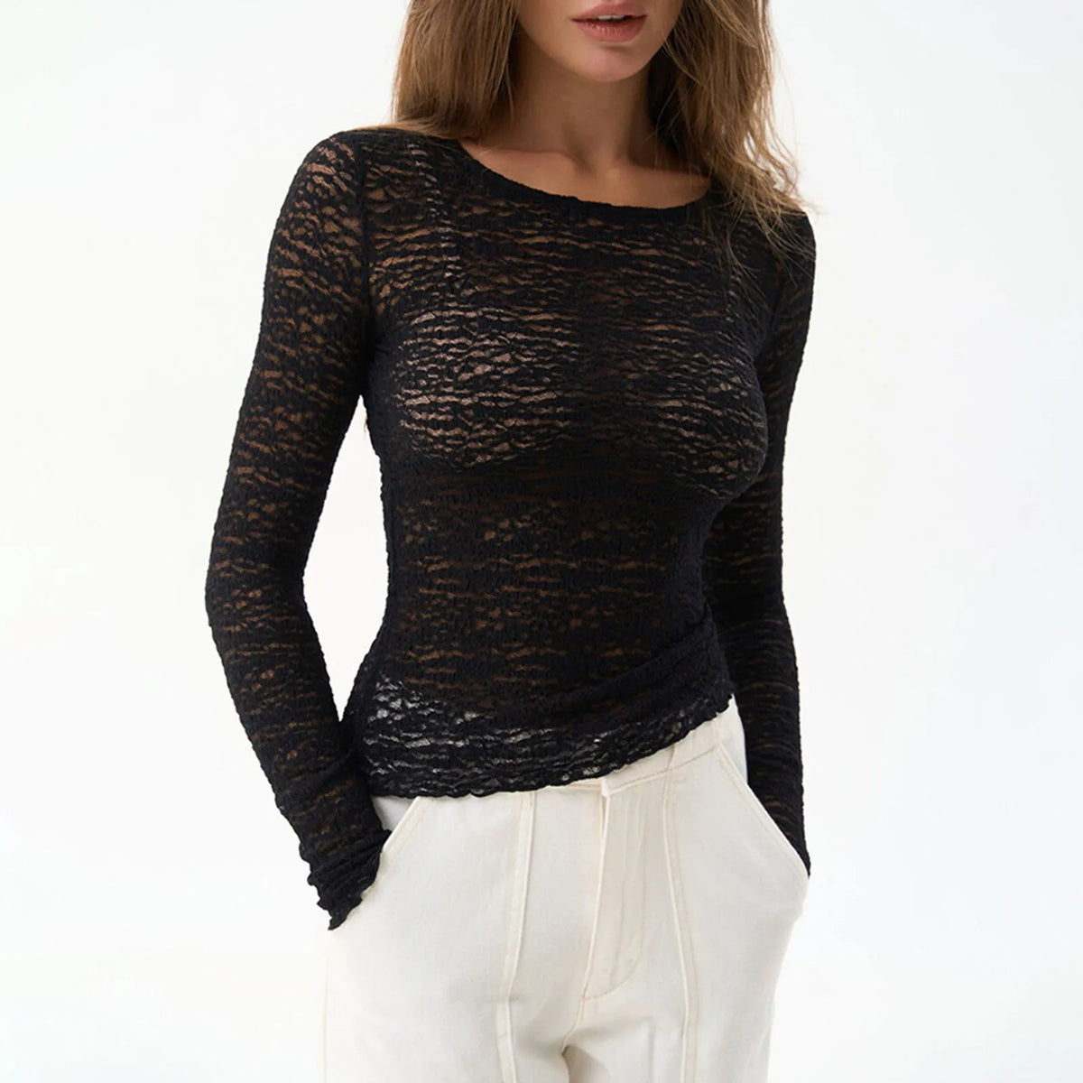 Women's Sheer Lace Long Sleeve Tops in Solid Color for Spring Streetwear