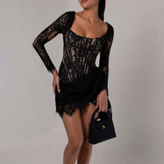 Black Lace Dress with Long Sleeves and Asymmetrical Hemline