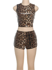 Leopard Print Sequins 2 Piece Set with Crop Tank and Shorts